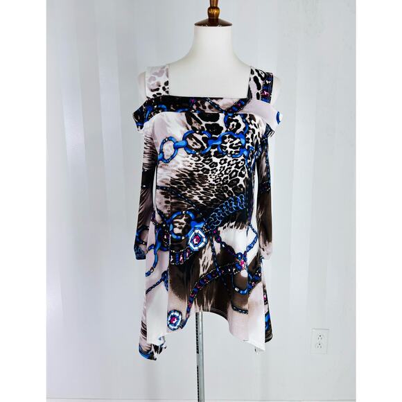 KAREN J DESIGN Women’s Multicolor Cold Shoulder Blouse Sz M - Picture 1 of 7